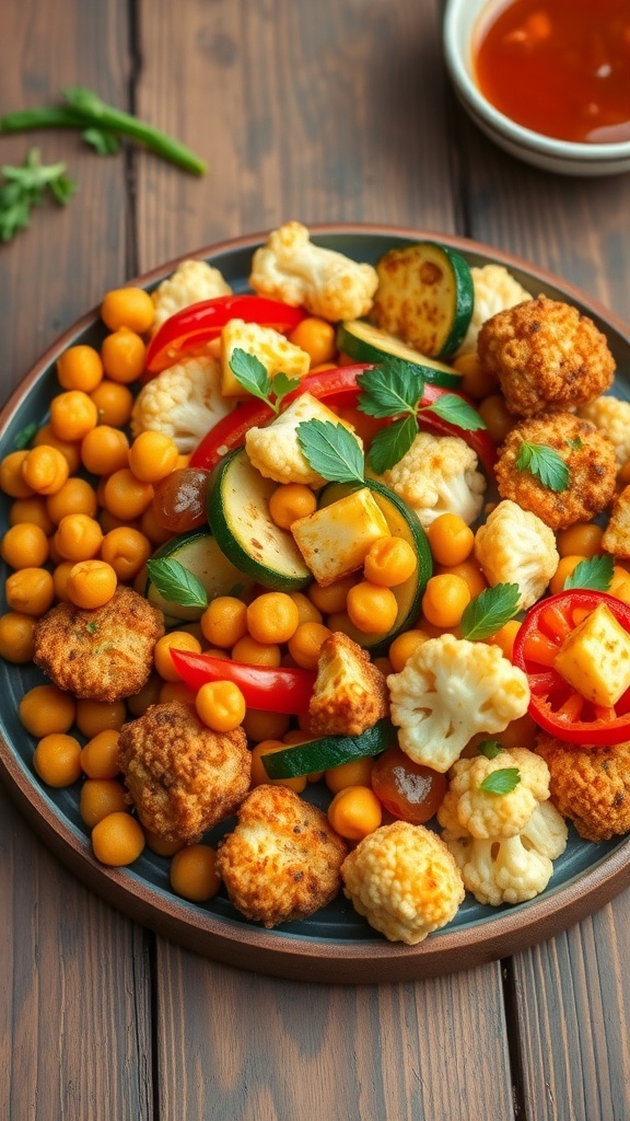 Delicious Vegan Air Fryer Meals Crispy air-fried chickpeas and vegetables on a plate, garnished with herbs.